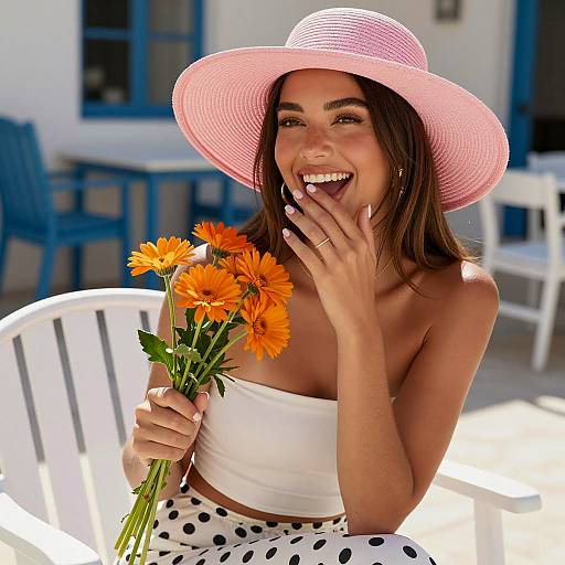 Smiling woman in pink sunhat holding orange flowers