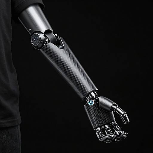 Photograph of a futuristic, metallic prosthetic arm with carbon fiber texture, illuminated against a black background, showcasing intricate mechanical joints and glowing blue accents.