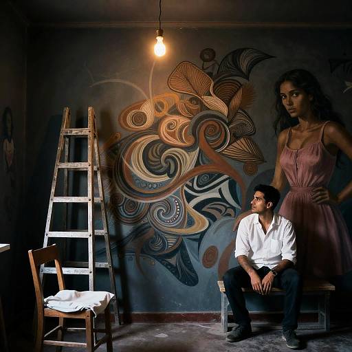 Mysterious Mural in Dimly Lit Room