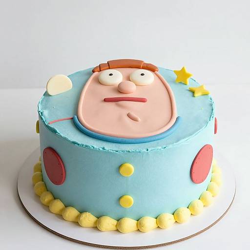 Photograph of a blue, cartoon-style cake featuring a round face with brown hair, yellow star, red circles, and yellow dots.