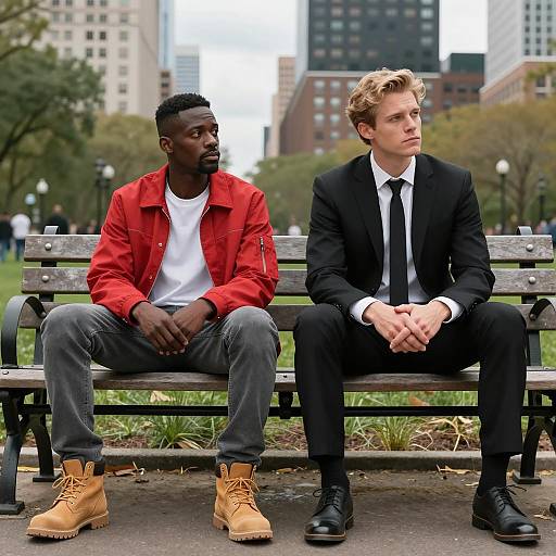 Two Men Sitting on Urban Park Bench
