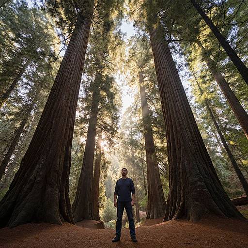 Photograph of a man standing in a towering redwood forest, sunlight streaming through the tall, majestic trees, creating a serene and awe-inspiring atmosphere