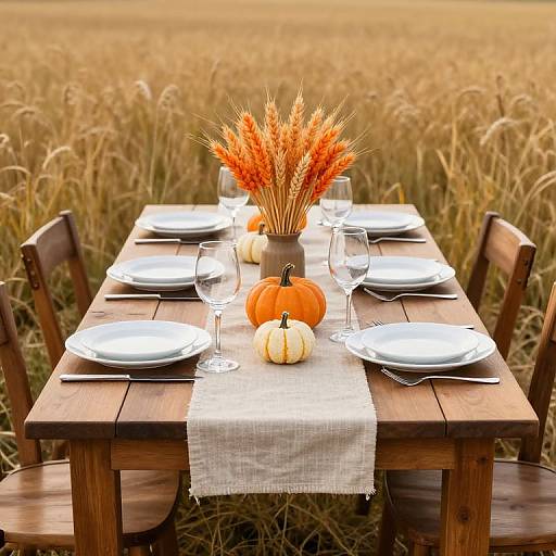 Photograph of a rustic wooden table set in a golden wheat field, adorned with white plates, glasses, orange and white pumpkins, and a vase