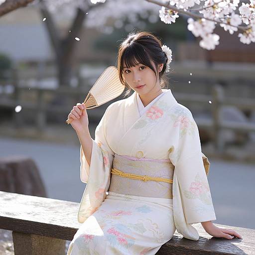 Photograph of a Japanese woman in a white floral kimono, holding a folding fan, seated on a wooden bench, cherry blossoms in background,