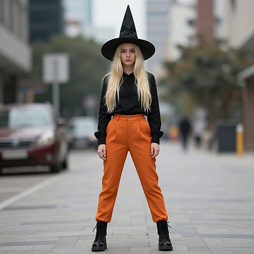 Photograph of a young woman with long blonde hair, wearing a black witch hat, black shirt, and bright orange pants, standing confidently on a city