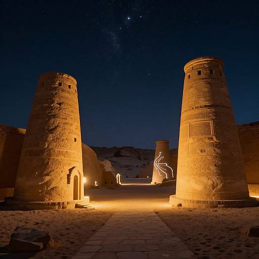 Photograph of two illuminated, ancient stone towers at night, with a starry sky, desert landscape, and warm yellow lights highlighting the path between them