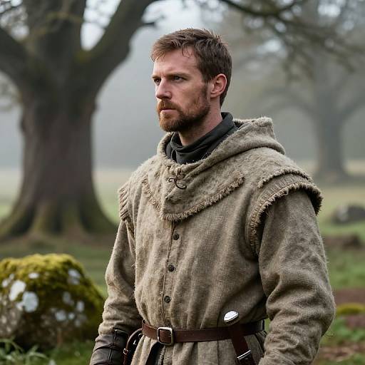 Photograph of a bearded, serious-looking man with short brown hair, wearing a rough, medieval-style, beige woolen tunic with fur trim