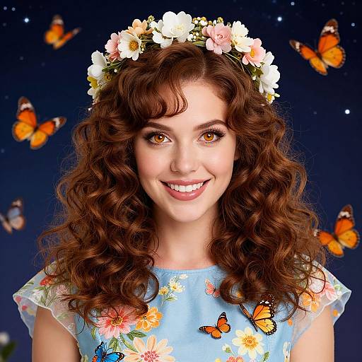 Photograph of a smiling young woman with curly brown hair, floral headband, light blue dress with floral patterns, orange butterflies against a starry night