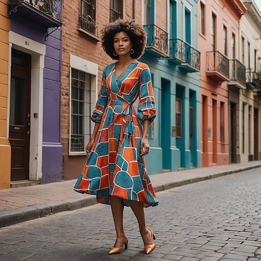 Woman in Geometric Wrap Dress on Colorful Street