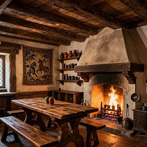 Cozy rustic kitchen with wooden beams, stone fireplace, roaring fire, wooden table and benches, pottery shelves, and medieval tapestry.