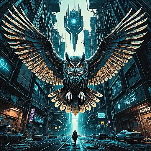 Crystalline Owl Hovering in Cyberpunk City