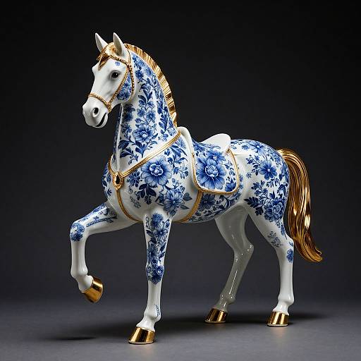 Photograph of a detailed, blue and white porcelain horse with gold accents, including mane, tail, hooves, and harness, standing against a dark