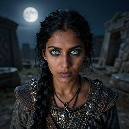 Photorealistic digital artwork of a dark-haired, blue-eyed woman with intense gaze, wearing ornate medieval clothing, under a full moon in a ruined