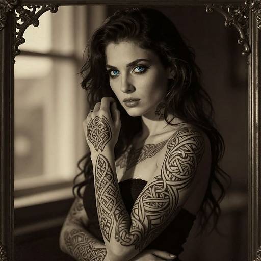 Photograph of a tattooed woman with piercing blue eyes, long dark hair, and intricate arm tattoos, standing by a window in dark, vintage-style