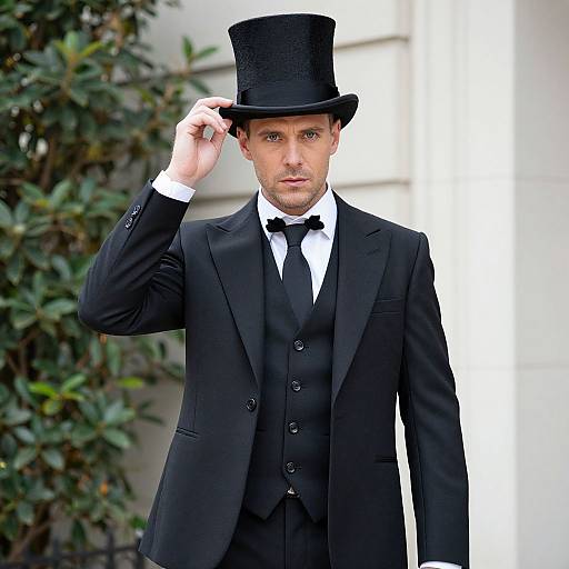 Photograph of a handsome, pale-skinned man in a black top hat, black three-piece suit, white shirt, black tie, adjusting his hat