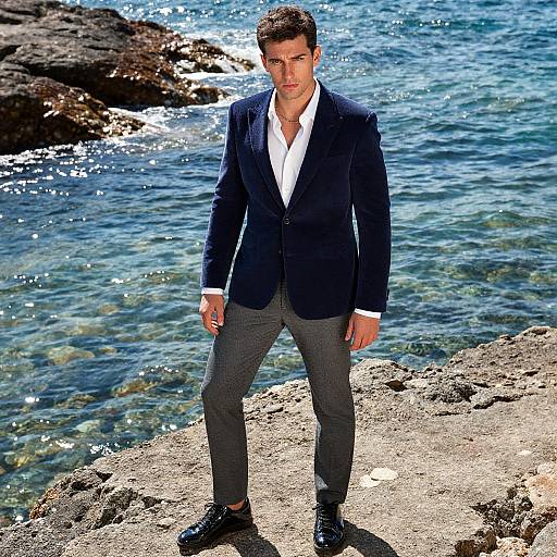 Photograph of a handsome man with short brown hair, wearing a navy blazer, white shirt, gray pants, and black shoes, standing on rocky