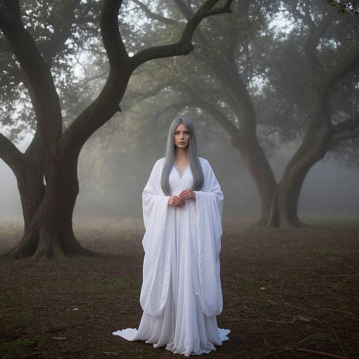 Photograph of a woman with long silver hair, wearing a white, flowing robe, standing in a misty forest with large, curved trees.