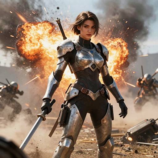 Digital art of a fierce, armored woman with short brown hair, holding a sword, standing amid intense explosions and smoke.