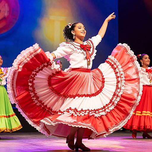 Photograph of a Latina woman in a vibrant red and white traditional Mexican dress, dancing on stage with outstretched arms, surrounded by fellow dancers.