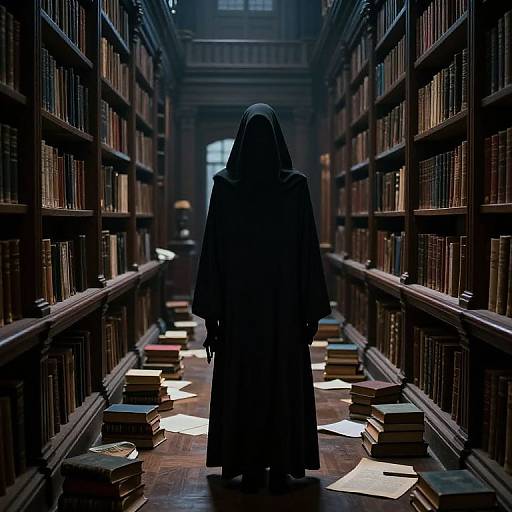 Photograph of a hooded figure in a dimly lit, towering library with wooden bookshelves, scattered books, and papers on the floor.