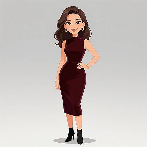Digital illustration of a smiling woman with wavy dark brown hair, wearing a sleeveless black dress, gold earrings, bracelet, and black ankle boots,
