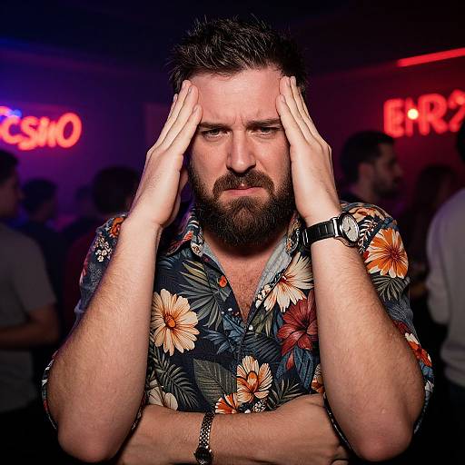 Photograph of a bearded man with dark hair, floral shirt, and black wristwatch, hands on head, looking annoyed, in a dimly