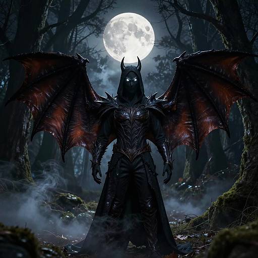 Digital artwork of a dark, armored bat-winged demon standing under a full moon in a misty, forested night. Glowing eyes, intricate