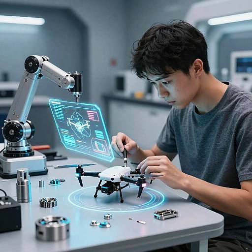 Futuristic Gadget Mechanic Assembling Drone