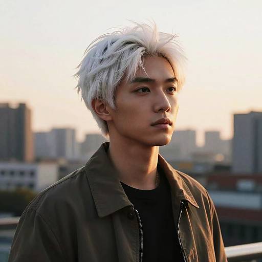 Photograph of an Asian male with white, messy hair, wearing a dark green jacket over a black shirt, looking off to the side, urban city