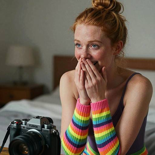 Excited Woman in Colorful Striped Stockings