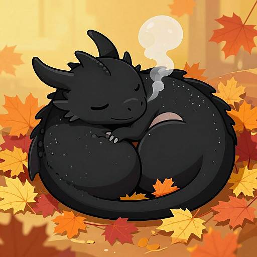 Digital drawing of a black, cute, sleeping dragon with small white speckles, curled up among vibrant autumn leaves, exhaling a small puff of