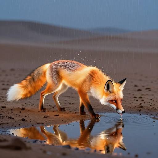 Photograph of a vibrant red fox with a white-tipped tail drinking from a puddle on a rainy, dark beach, its reflection visible in the