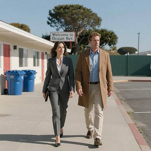 Businessman and Businesswoman Walking Outside Motel