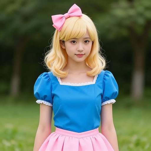 Photograph of a young Asian girl with blonde wig, blue puffed-sleeve dress, pink bow, pink skirt, standing in a green forest