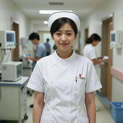 Photograph of an Asian female nurse with black hair, wearing a white uniform and nurse cap, standing in a blurred hospital corridor with other nurses in the