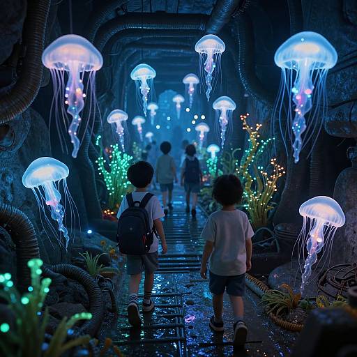 Photograph of a futuristic, underwater-like tunnel with glowing blue and green jellyfish, illuminated by bioluminescent plants, children walking away.