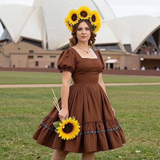 Photograph of a woman in a brown, puffed-sleeve dress, wearing a sunflower crown and holding sunflowers, standing on a grass