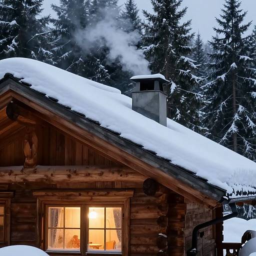 Photograph of a wooden cabin with a snow-covered roof, warm yellow-lit window, steam from chimney, and snow-laden evergreen trees in