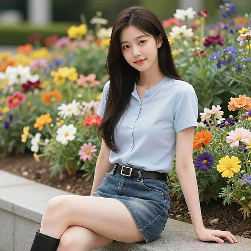 Young Woman Sitting by Flower Garden