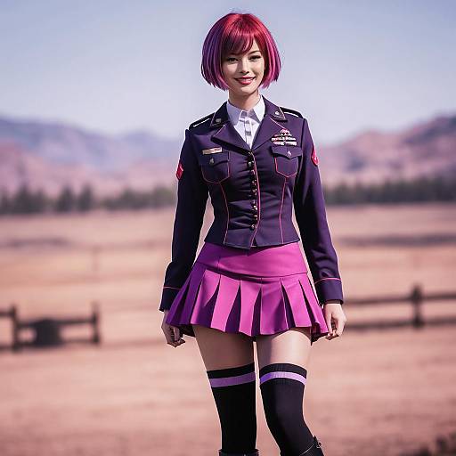 Digital art of a smiling Asian woman with red bob haircut, wearing a dark navy military jacket, pink pleated skirt, black thigh-high socks, and
