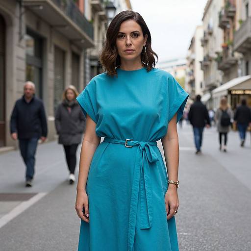 Photograph of a serious young woman with shoulder-length brown hair, wearing a teal short-sleeved dress with a belt, standing on a busy urban