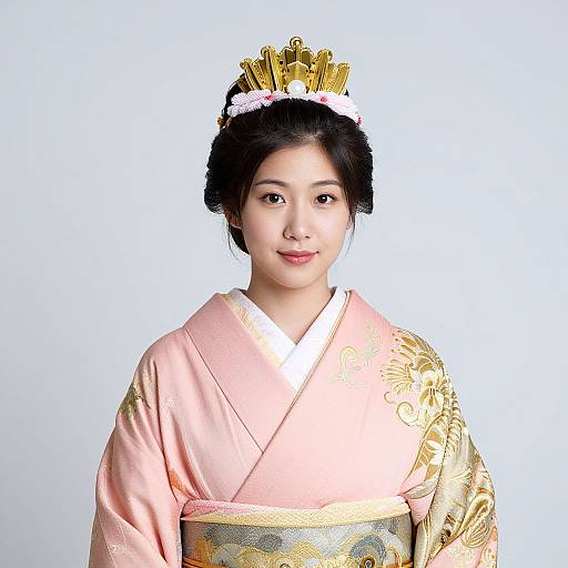 Asian Woman in Pink Gold Kimono