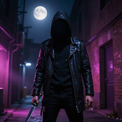 Photograph of a mysterious figure in a black leather jacket, hood up, face obscured, holding a knife, standing in a neon-lit alley under
