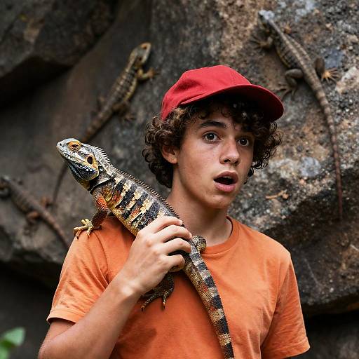 Surprised Young Man with Colorful Lizard