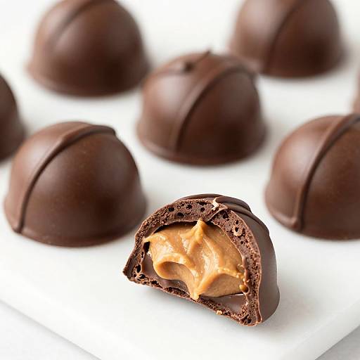 Photograph of a broken, dark chocolate truffle with creamy, beige caramel center, surrounded by whole truffles on a white background.