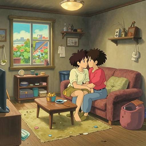 Digital anime-style drawing of two young people with spiky black hair, sitting on a pink couch in a cozy, sunlit living room, holding each