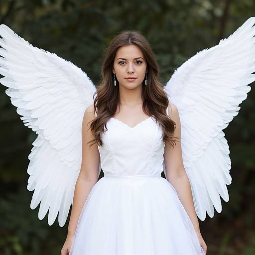 Photograph of a young woman with long brown hair, wearing a white angelic dress and large, white feathered wings, standing against a dark green