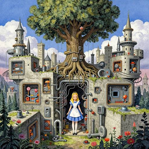 Digitally illustrated fantasy scene: blonde girl in blue dress stands at entrance of castle-like treehouse with intricate machinery, flowers, and towers.