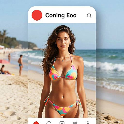 Photograph of a fit, tan-skinned woman with long brown hair in a colorful bikini standing on a sunny beach, with ocean waves and people in