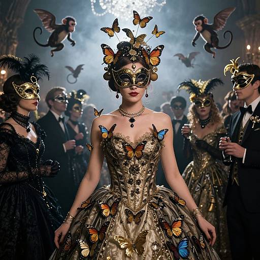 Photograph of a glamorous fashion show featuring a woman in a detailed, butterfly-adorned mask and gown, surrounded by masked attendees and floating butterfly-like